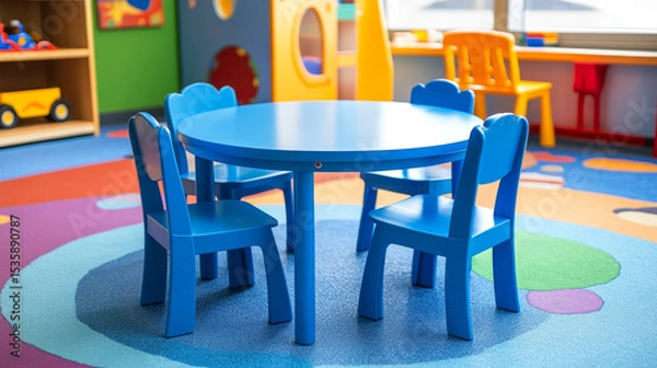 Fototapeta Circular blue kidsâ€™ table with four surrounding chairs placed in a children's activity zone