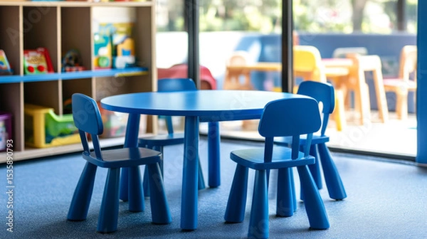 Fototapeta Circular blue kidsâ€™ table with four surrounding chairs placed in a children's activity zone