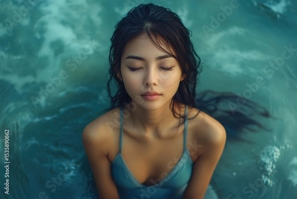 Fototapeta Woman relaxing in calm waters while enjoying a serene moment during sunset at a picturesque beach