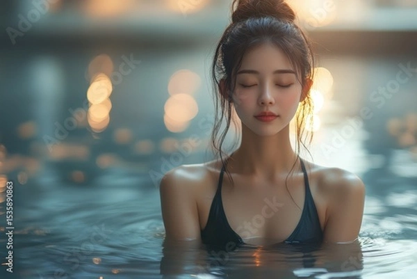 Fototapeta Woman relaxing in calm waters while enjoying a serene moment during sunset at a picturesque beach