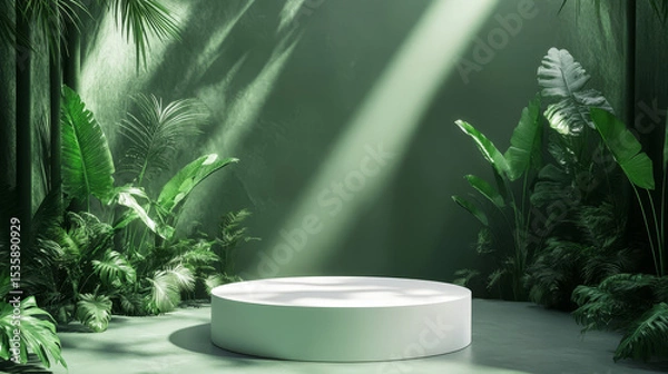 Fototapeta Minimalist green stage design featuring a white circular pedestal and natural leaf lighting for product display