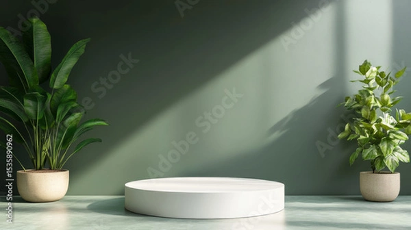 Fototapeta Minimalist green stage design featuring a white circular pedestal and natural leaf lighting for product display