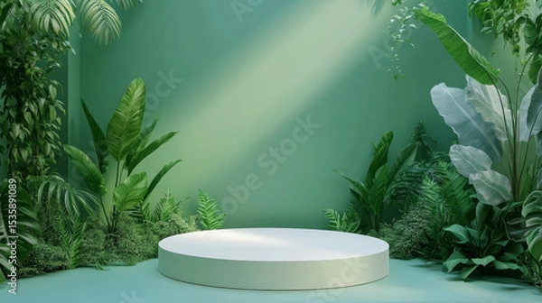 Fototapeta Minimalist green stage design featuring a white circular pedestal and natural leaf lighting for product display