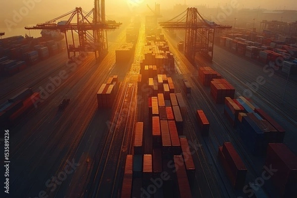Fototapeta Industrial port at sunrise with cranes, containers, and distant smokestacks creating a vibrant skyline