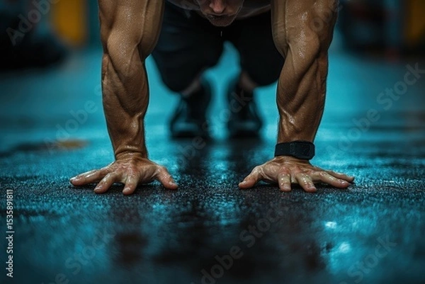 Fototapeta Strong muscular hands push against a gym floor during an intense workout session in a dimly lit fitness space focusing on strength training