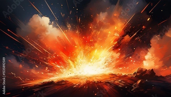 Fototapeta fiery explosion with flying sparks on a dark textured background symbolizing power and destruction perfect for action movie posters gaming backgrounds and dramatic visual effects
