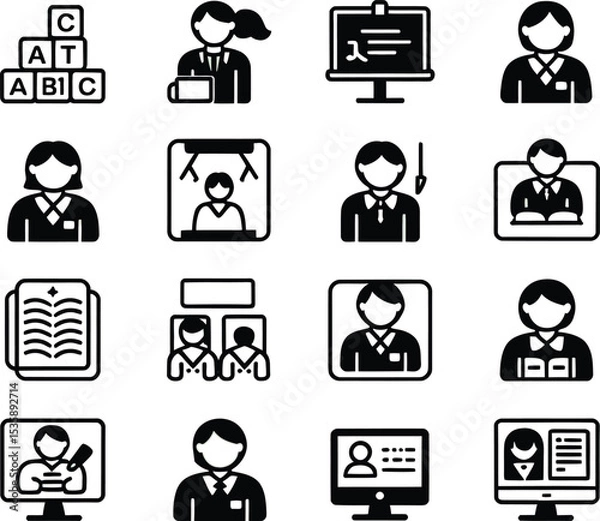 Fototapeta Collection of black and white educational icons illustrating learning and teaching concepts