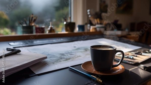 Obraz Art Director’s Desk with Warm Natural Light and Steaming Coffee