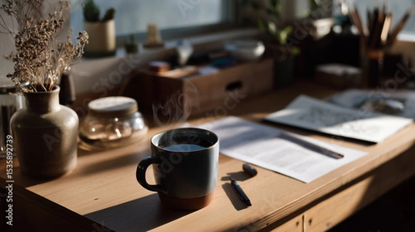Obraz Art Director’s Desk with Warm Natural Light and Steaming Coffee
