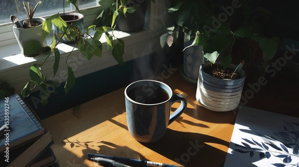 Obraz Art Director’s Desk with Warm Natural Light and Steaming Coffee