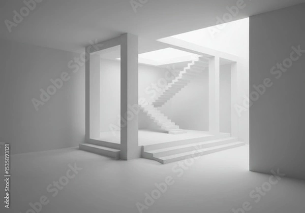 Fototapeta Minimalist white interior design with intersecting staircases