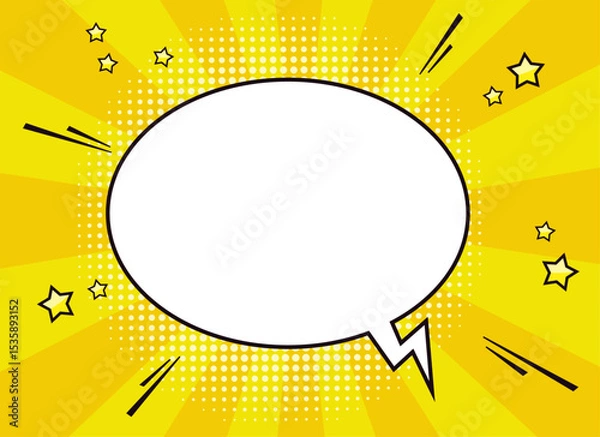 Fototapeta Blank comic speech bubble template for text in retro pop art style with halftone dots, stars, quotation marks and ray background. Vector illustration.