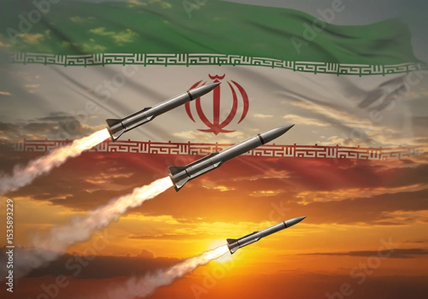 Fototapeta Iranian missiles launch against sunset backdrop with iran flag military power and defense capabilities