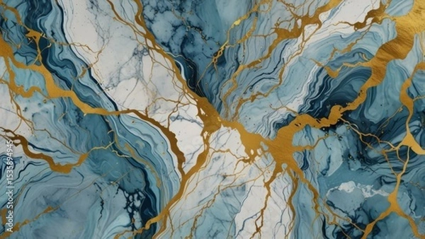 Fototapeta Soft Blue Marble Design with Fluid Veins and Metallic Gold Touches Background

