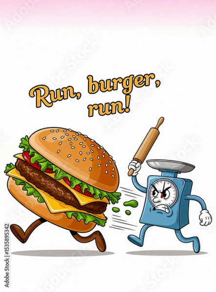Obraz A humorous depiction of a burger being chased by an angry kitchen scale, evoking fun and creativity in food-related themes