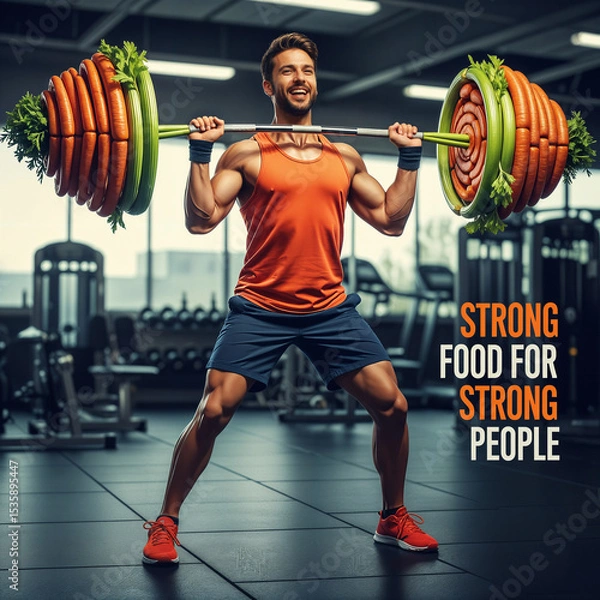 Obraz A man at the gym performs a squat using a barbell with vegetable weights, symbolizing healthy lifestyle, fitness, and proper nutrition, blending creativity with fitness concept