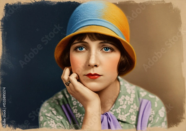 Obraz A portrait of a young woman from the 1920s wearing a blue and yellow cloche hat and resting her chin on her hand
