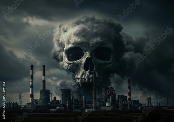 Obraz A surreal and grim image depicting a large skull formed from smoke billowing from industrial chimneys