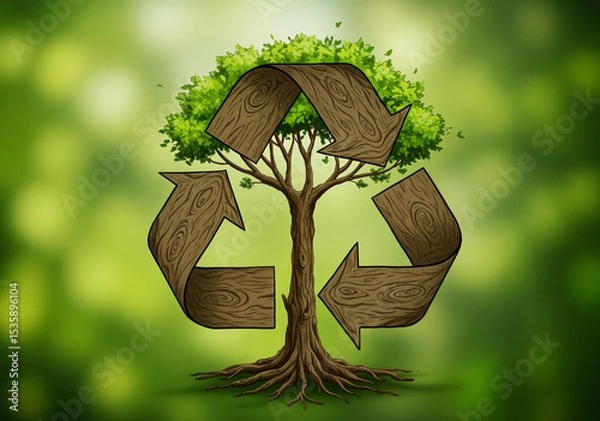 Obraz An illustration shows a tree shaped like the recycle symbol, set against a soft green bokeh background