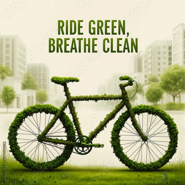 Obraz Eco-Friendly Bicycle Made of Green Foliage, with the slogan 'RIDE GREEN, BREATHE CLEAN'