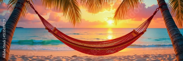 Obraz A serene beach scene with a hammock suspended between two palm trees during a vibrant sunset.
