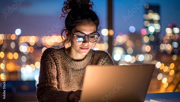 Fototapeta Focused young woman working on laptop at night by city window with glasses reflecting screen and colorful bokeh lights