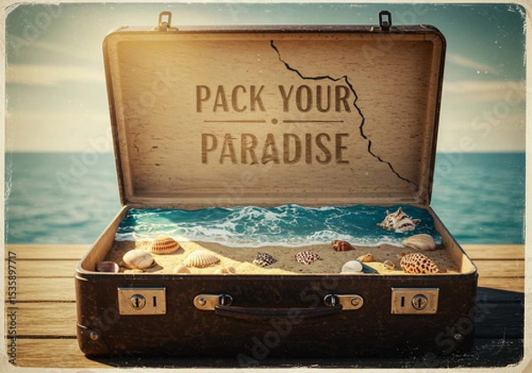 Obraz Packed Suitcase Featuring a Miniature Beach Theme With Waves and Seashells