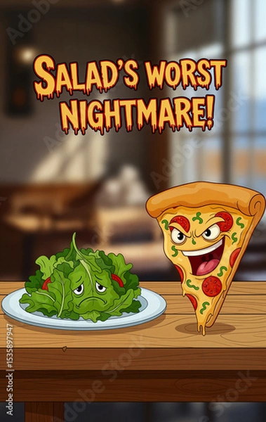 Obraz Salad's Worst Nightmare, Humorous Pizza vs. Salad Cartoon