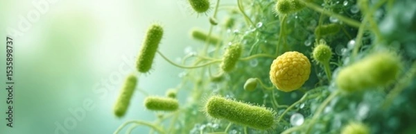 Fototapeta Magnified illustration of probiotic bacteria cells, vibrant green. Detailed microscopic structure emphasizes vital role in health, digestion. Beneficial microorganisms for gut health, eco-friendly.