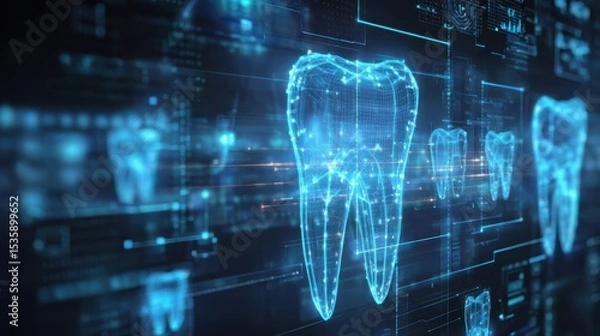 Fototapeta Dynamic background featuring glowing dental icons and data visualizations, emphasizing the integration of technology in dental health practices and patient care solutions
