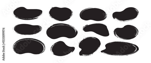 Fototapeta Brush paint shape, round grunge stain hand drawn, doodle sketch blob charcoal texture, black crayon organic form, rough ink spot, chalk scribble text box icon isolated on white bg. Vector illustration