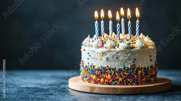 Obraz Birthday Cake : Birthday cake with candles and colorful sprinkles. AI-generated.
