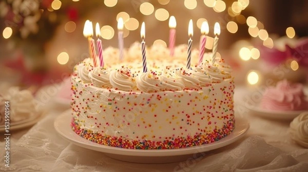 Obraz Birthday Cake : Birthday cake with candles and festive lights in the background. AI-generated.