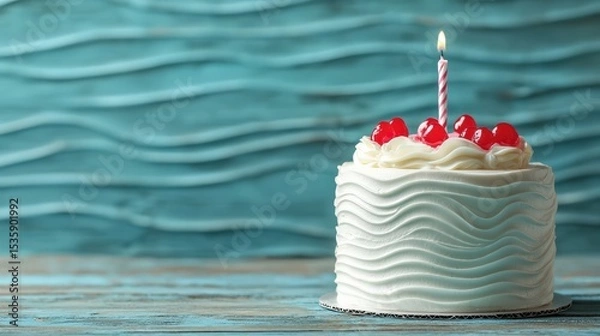 Obraz Birthday Cake : Delicious cake with cream and cherries on a textured blue background. AI-generated.