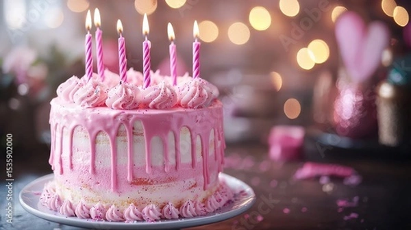 Obraz Birthday Cake : Pink birthday cake with candles and festive bokeh background. AI-generated.