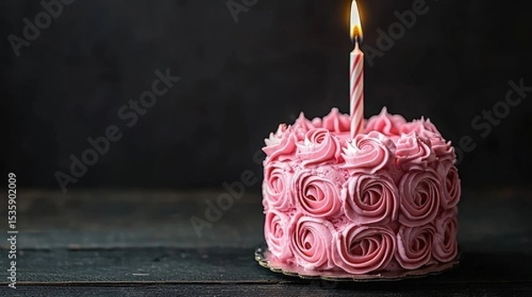 Obraz Birthday Cake : Cake with pink frosting and a birthday candle lit on top. AI-generated.