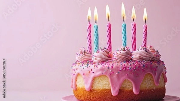 Obraz Birthday Cake : Birthday cake with candles and pink frosting. AI-generated.