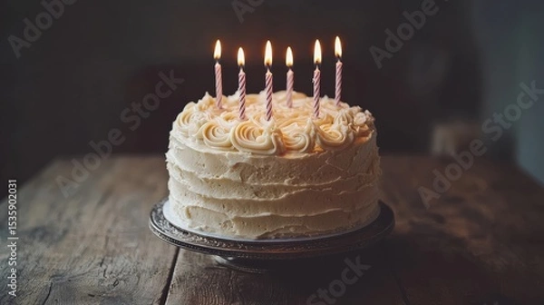 Obraz Birthday Cake : Birthday cake with candles on a wooden table. AI-generated.