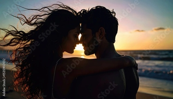 Fototapeta Silhouette of a Couple Embracing at Sunset on a Beach