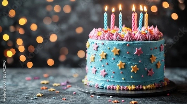 Obraz Birthday Cake : Delicious birthday cake with candles and colorful decorations. AI-generated.