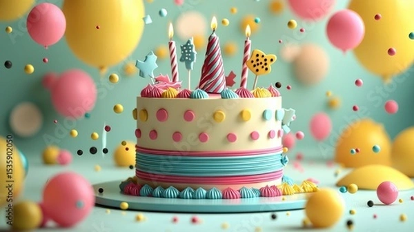 Obraz Birthday Cake : Colorful birthday cake surrounded by balloons and festive decorations. AI-generated.