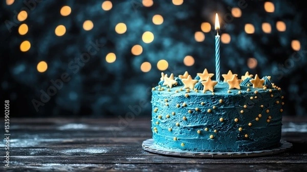 Obraz Birthday Cake : Celebratory cake with stars and a candle against a blurred background. AI-generated.