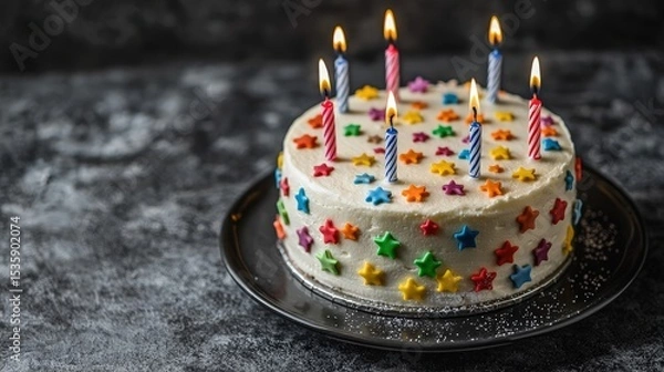 Obraz Birthday Cake : Delicious birthday cake with colorful decorations and candles. AI-generated.