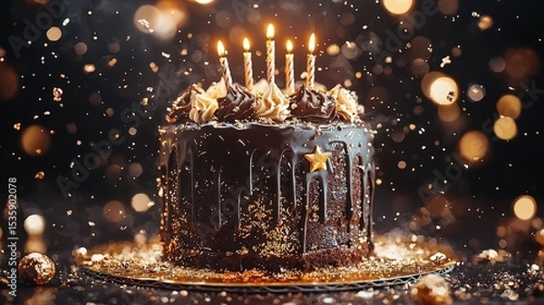 Obraz Birthday Cake : Delicious chocolate cake with candles glowing in a festive atmosphere. AI-generated.
