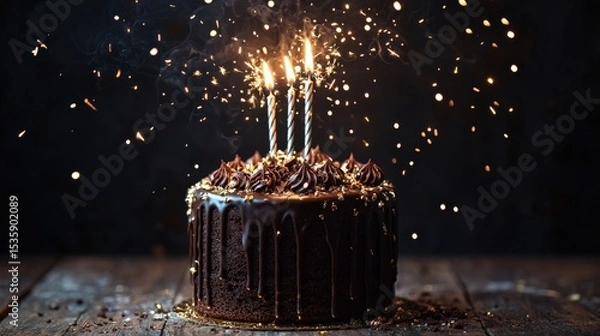 Obraz Birthday Cake : Chocolate cake with candles and sparkling decorations. AI-generated.