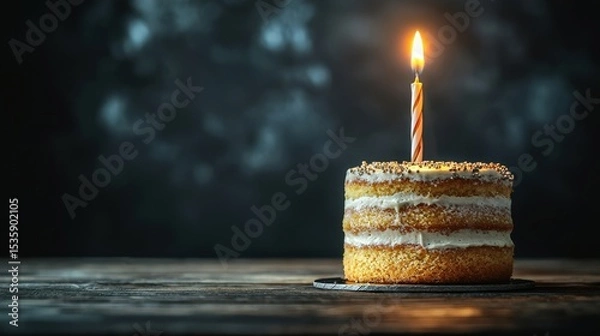 Obraz Birthday Cake : Delicious cake with a single candle glowing softly. AI-generated.