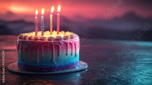 Obraz Birthday Cake : Colorful birthday cake with candles against a vibrant background. AI-generated.