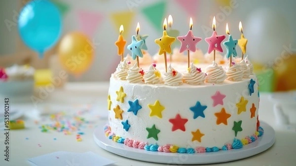 Obraz Birthday Cake : Colorful birthday cake with star decorations and candles. AI-generated.