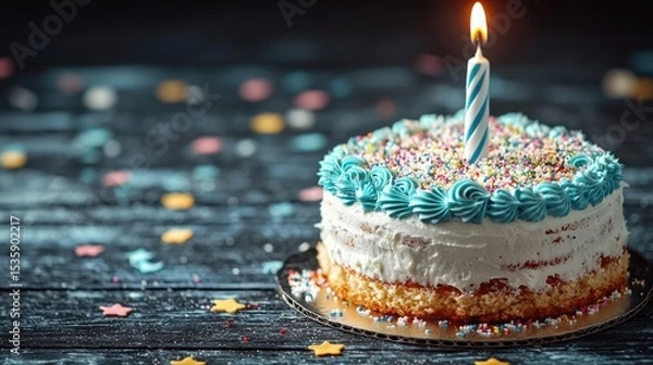 Obraz Birthday Cake : Birthday cake with a candle surrounded by colorful sprinkles. AI-generated.