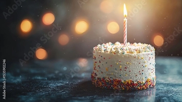 Obraz Birthday Cake : A lit birthday cake with a candle against a bokeh background. AI-generated.
